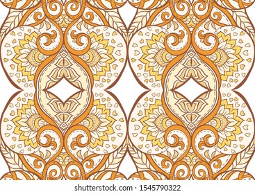 Seamless pattern, background with traditional paisley. Floral vector illustration in damask style. Colored vector illustration in autumn colors..