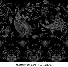 Seamless pattern, background with traditional paisley. Floral vector illustration in damask style. Vector illustration in black color..