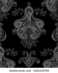 Seamless pattern, background with traditional paisley. Floral vector illustration in damask style. Vector illustration in black color..