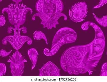 Patrón sin inconvenientes, fondo con paisajes tradicionales. Ilustración vectorial floral en estilo damasco. Ilustración vectorial en color negro y ultravioleta.