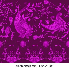 Seamless pattern, background with traditional paisley. Floral vector illustration in damask style. Vector illustration in black and ultravaiolet color..