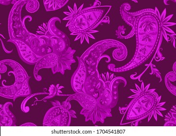 Nahtloses Muster, Hintergrund mit traditionellem Gänseblümchen. Blumengrafik mit Vektorillustration im Damast-Stil. Vektorillustration-Illustration in Schwarz und Ultravaiolet.