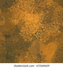 Seamless pattern. Background of translucent spots located in the mess. The foreground of the placer five-pointed stars. Fashionable camouflage. Orange, khaki.