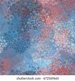 Seamless pattern. Background of translucent spots located in the mess. The foreground of the placer five-pointed stars. Fashionable camouflage. Blue, red, white.