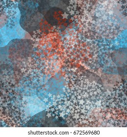 Seamless pattern. Background of translucent spots located in the mess. The foreground of the placer five-pointed stars. Fashionable camouflage. Blue, red, gray, beige.