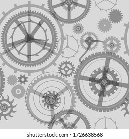 Seamless pattern background of transparent grey gear wheels. Techno symbol and metaphor. Vector illustration