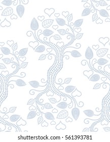 Seamless pattern background. Tree with leaves, hearts and spirals made of dots. Blue silver color. Vector illustration.