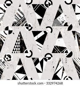 seamless pattern background, with triangles, circles, strokes and splashes, black and white