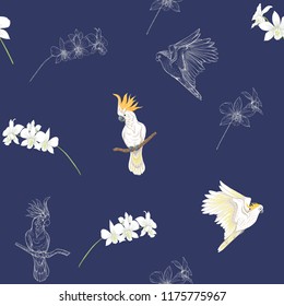 Seamless pattern, background with tropical birds. cockatoo parrot and orchid flower,  Colored and outline design on navy blue background.. Vector illustration.

