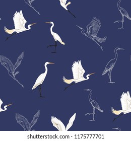 Seamless pattern, background with tropical birds. White heron, cockatoo parrot,  Colored and outline design on navy blue background.. Vector illustration.