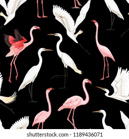Seamless pattern, background with tropical birds. White heron, flamingo. Colored and outline design on navy blue background.. Vector illustration. Isolated on black background.