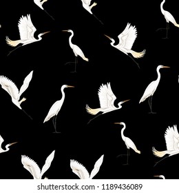 Seamless pattern, background with tropical birds. White heron, cockatoo parrot. Colored and outline design on navy blue background.. Vector illustration. Isolated on black background.
