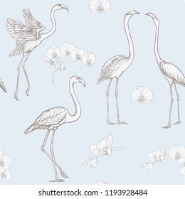 Seamless pattern, background with tropical birds. flamingo and orchid flower. Vector illustration. Graphic drawing, engraving style. vector illustration. In vintage blue and beige colors.
