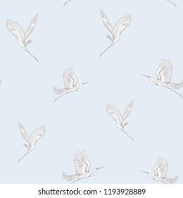 Seamless pattern, background with tropical birds. White heron,cockatoo parrot. Vector illustration. Graphic drawing, engraving style. vector illustration. In vintage blue and beige colors.
