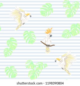 Seamless pattern, background with tropical birds. White heron, cockatoo parrot. Colored vector illustration. On blue and white stripes background.
