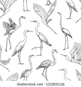 Seamless pattern, background with tropical birds. White heron, flamingo. Vector illustration. Graphic drawing, engraving style. vector illustration. In vintage blue and beige colors. 