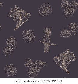 Seamless pattern, background with tropical birds. White heron,cockatoo parrot. Vector illustration. Graphic drawing, engraving style. vector illustration.
