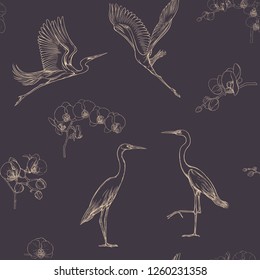 Seamless pattern, background with tropical birds. White heron,cockatoo parrot. Vector illustration. Graphic drawing, engraving style. vector illustration.
