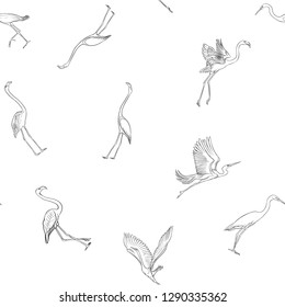 Seamless pattern, background with tropical birds. White heron, flamingo. Outline hand drawing vector illustration.
