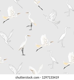 Seamless pattern, background with tropical birds. White heron, cockatoo parrot. Colored and outline design on soft grey background.. Vector illustration.