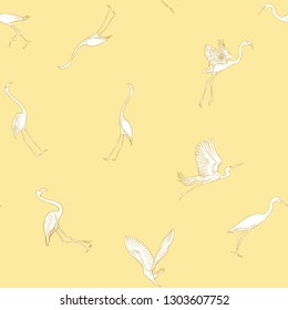 Seamless pattern, background with tropical birds. White heron, flamingo. Outline hand drawing vector illustration. on soft yellow background.