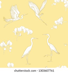 Seamless pattern, background with tropical birds. White heron,cockatoo parrot. Outline hand drawing vector illustration. on soft yellow background.