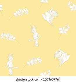 Seamless pattern, background with tropical birds. cockatoo parrot and orchid flower. Outline hand drawing vector illustration. on soft yellow background.
