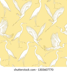 Seamless pattern, background with tropical birds. White heron,cockatoo parrot. Outline hand drawing vector illustration. on soft yellow background.