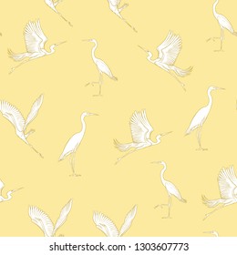 Seamless pattern, background with tropical birds. White heron,cockatoo parrot. Outline hand drawing vector illustration. on soft yellow background.

