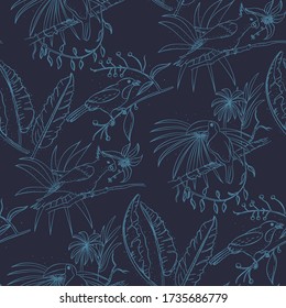 Seamless pattern, background with tropical birds. White heron, cockatoo parrot. Colored and outline design on navy blue background.. Vector illustration. Isolated on black background.