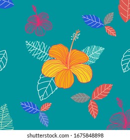 Seamless pattern background of tropical coloerful hibiscus flower in abstract green color vector design