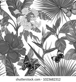 Seamless pattern, background with tropical plants and butterflies on white background.  Hand drawn monochrome vector illustration without transparent and gradients.