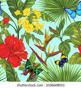 Seamless pattern, background with tropical plants and butterflies on blue background.   Hand drawn colorful vector illustration without transparent and gradients.
