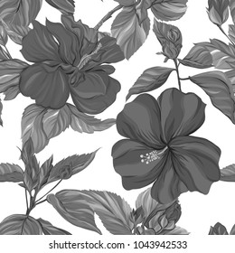 Seamless pattern, background with tropical plants.  Hand drawn monochrome vector illustration without transparent and gradients.