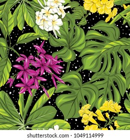 Seamless pattern, background with tropical plants: monstera,  bougainvillea, hibiscus, palm on black background. Hand drawn colorful vector illustration without transparent and gradients.