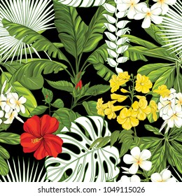 Seamless pattern, background with tropical plants: monstera,  strelitzia,  bougainvillea, hibiscus, palm on black background. Hand drawn colorful vector illustration without transparent and gradients.