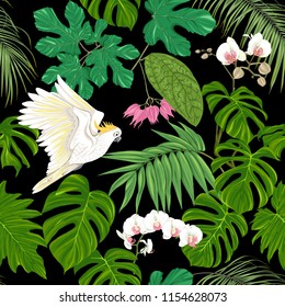 Seamless pattern, background. with tropical plants and flowers with white orchid and tropical birds. Colored vector illustration without gradients and transparency. Isolated on black background.
