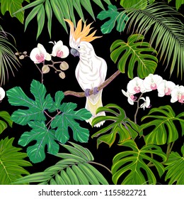 Seamless pattern, background. with tropical plants and flowers with white orchid and tropical birds. Colored vector illustration in neon, fluorescent colors on black background
