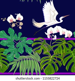 Seamless pattern, background. with tropical plants and flowers with white orchid and tropical birds. Colored vector illustration in neon, fluorescent colors on black, dark blue background
