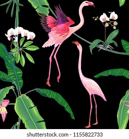 Seamless pattern, background. with tropical plants and flowers with white orchid and tropical birds. Colored vector illustration in neon, fluorescent colors on black background
