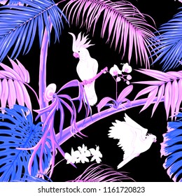 Seamless pattern, background. with tropical plants and flowers with white orchid and tropical birds in neon, fluorescent colors.
