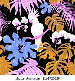 Seamless pattern, background. with tropical plants and flowers with white orchid and tropical birds in neon, fluorescent colors.
