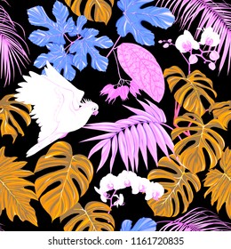 Seamless pattern, background. with tropical plants and flowers with white orchid and tropical birds in neon, fluorescent colors.
