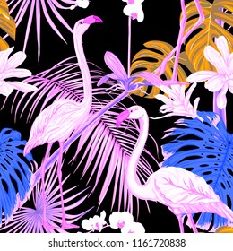 Seamless pattern, background. with tropical plants and flowers with white orchid and tropical birds in neon, fluorescent colors.
