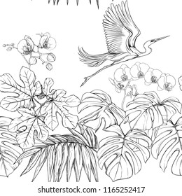 Seamless pattern, background. with tropical plants and flowers with white orchid and tropical birds. Graphic drawing, engraving style. vector illustration. Black and white.
