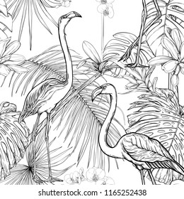 Seamless pattern, background. with tropical plants and flowers with white orchid and tropical birds. Graphic drawing, engraving style. vector illustration. Black and white.
