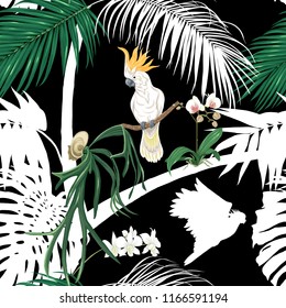 Seamless pattern, background. with tropical plants and flowers with white orchid and tropical birds. Colored and silhouette design. Vector illustration. Isolated on black background.