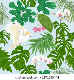 Seamless pattern, background. with tropical plants and flowers with white orchid and tropical birds on sky blue background. Colored vector illustration without gradients and transparency.  
