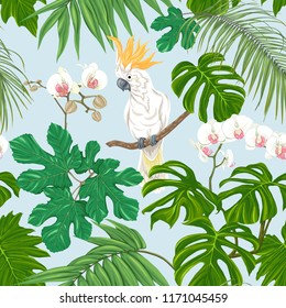 Seamless pattern, background. with tropical plants and flowers with white orchid and tropical birds on sky blue background. Colored vector illustration without gradients and transparency.  
