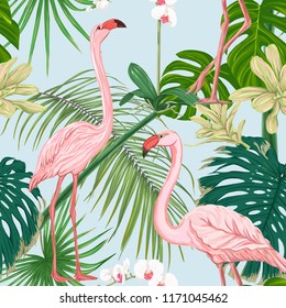 Seamless pattern, background. with tropical plants and flowers with white orchid and tropical birds on sky blue background. Colored vector illustration without gradients and transparency.  
